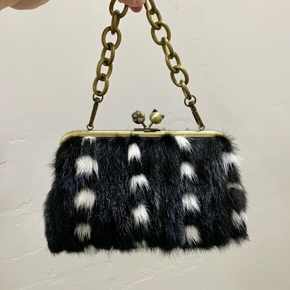Handmade Real Mink Fur Cute "Cat Paw" Kisslock Wristlet/Shoulder Bag/Crossbody - Picture 1 of 15